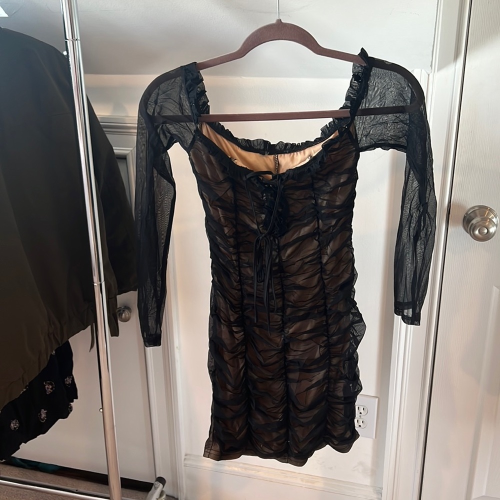 Black long sleeve mesh ruched dress